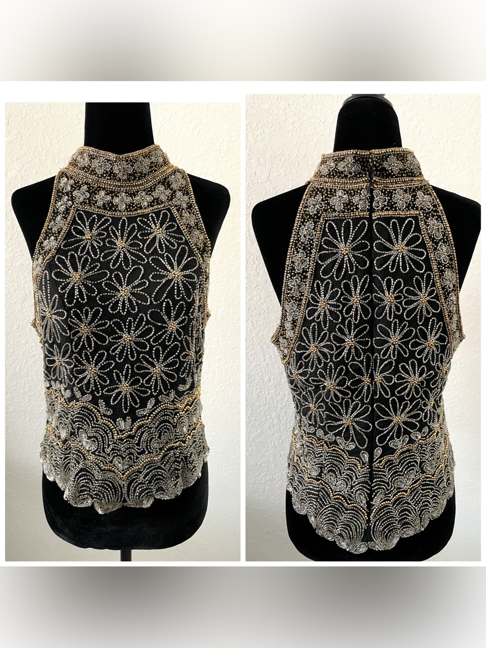 Mark & John by Gopal Black Floral Beaded Sequin High Neck Sleeveless Tank L